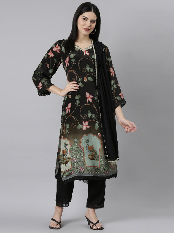 Neerus Black printed floral kurta set with trouser and dupatta - detail view 2