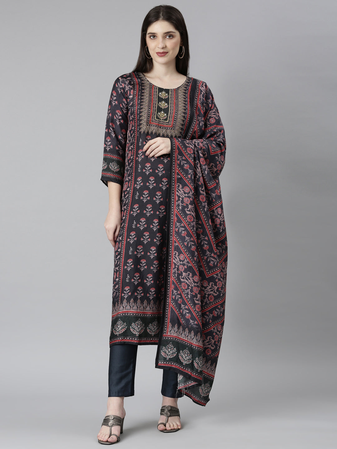 Neerus Black printed floral suit set straight kurta with trouser and dupatta - front view