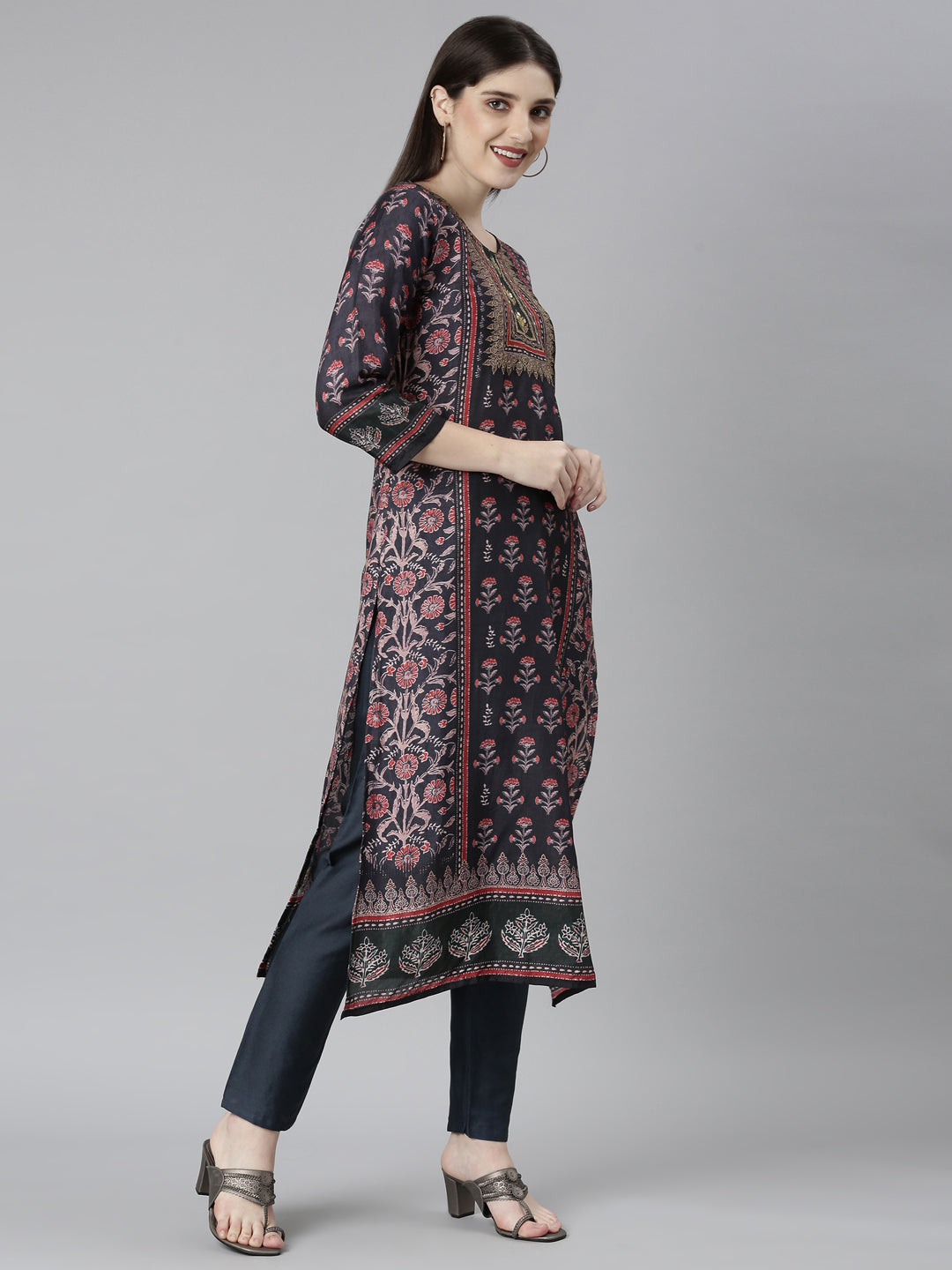 Neerus Black printed floral suit set straight kurta with trouser and dupatta - back view
