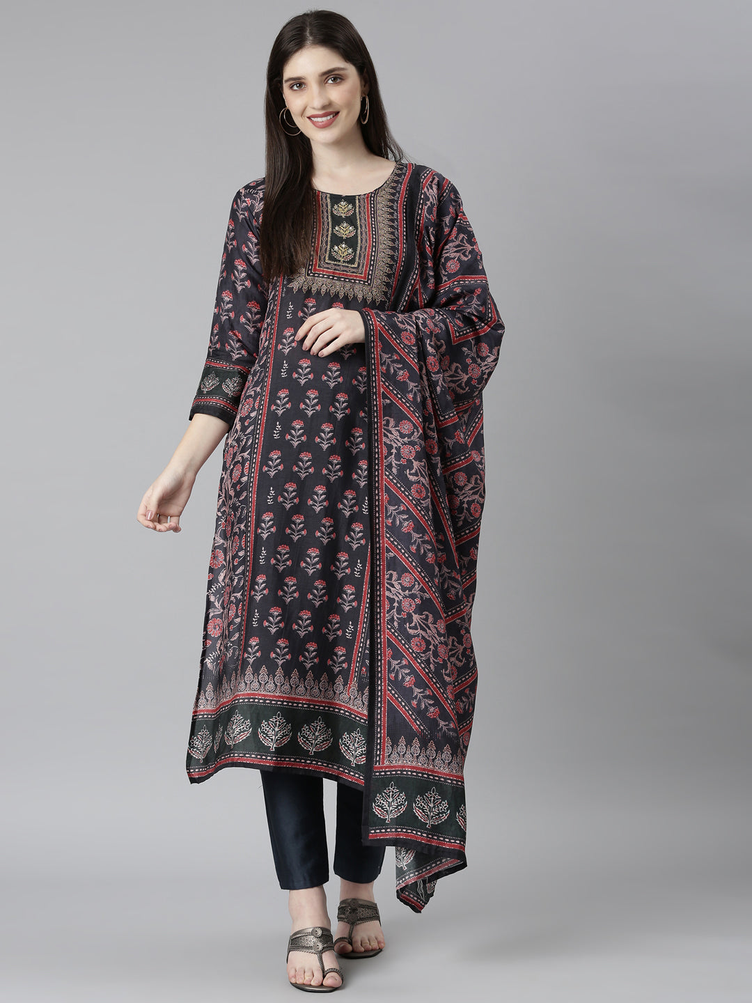 Neerus Black printed floral suit set straight kurta with trouser and dupatta - detail view 2