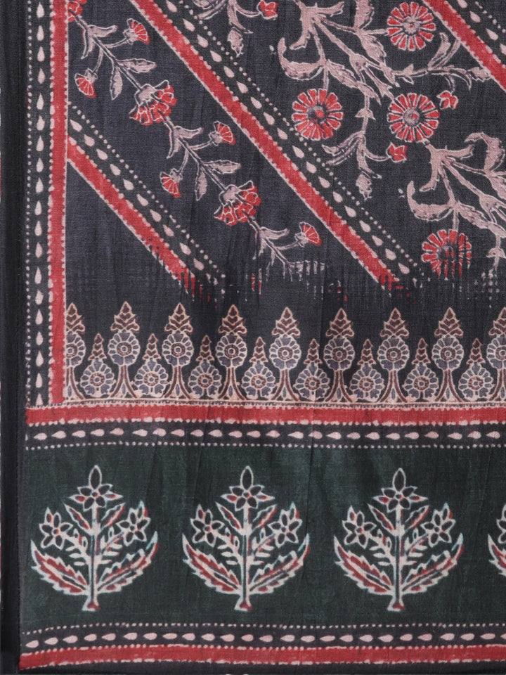 Neerus Black printed floral suit set straight kurta with trouser and dupatta - detail view 4
