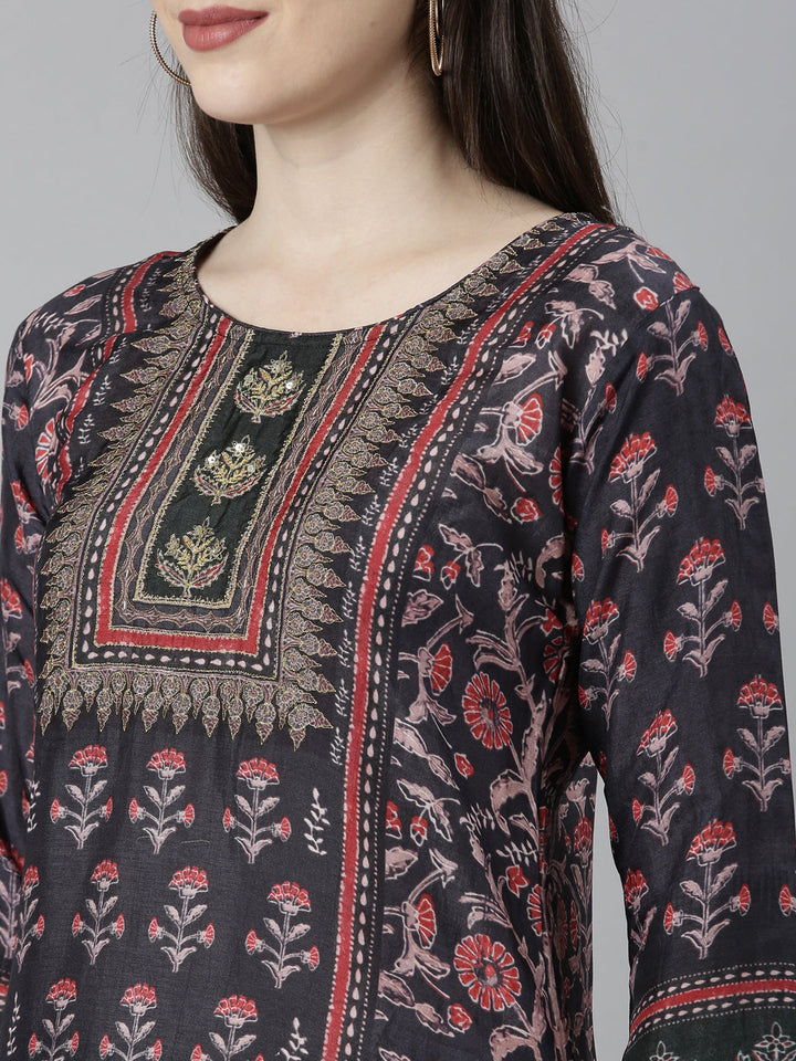Neerus Black printed floral suit set straight kurta with trouser and dupatta - detail view 1