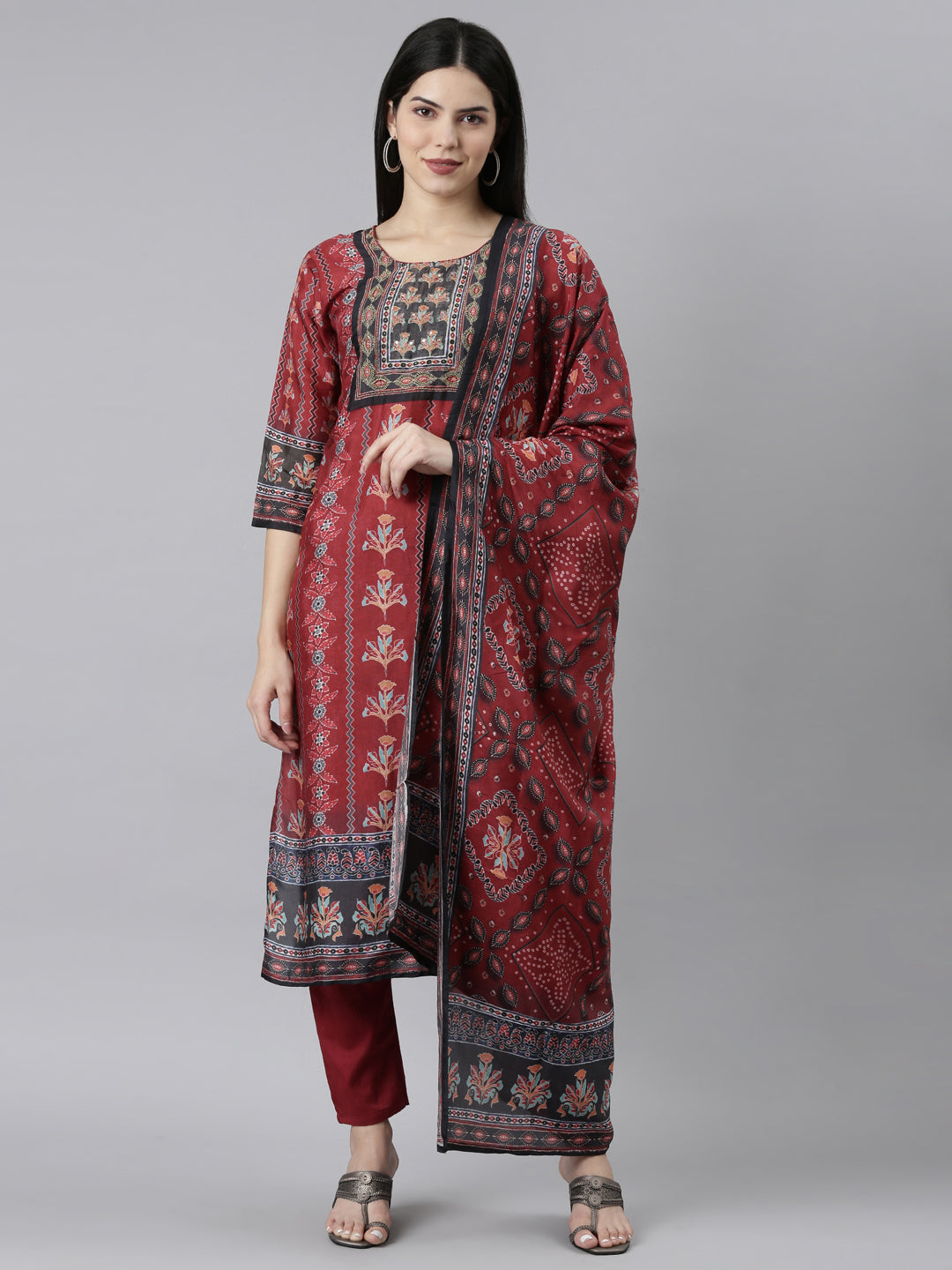 Neerus Maroon floral printed straight kurta set - front view