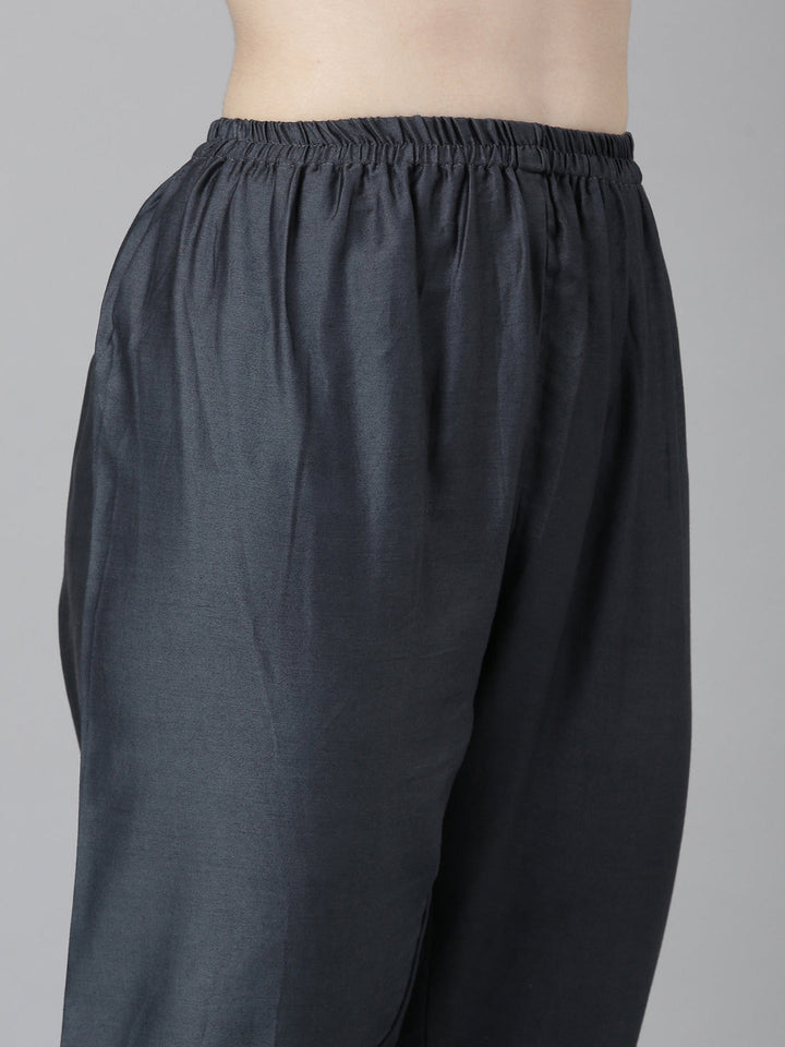 Neerus Grey Regular Straight Floral Kurta And Trousers With Dupatta