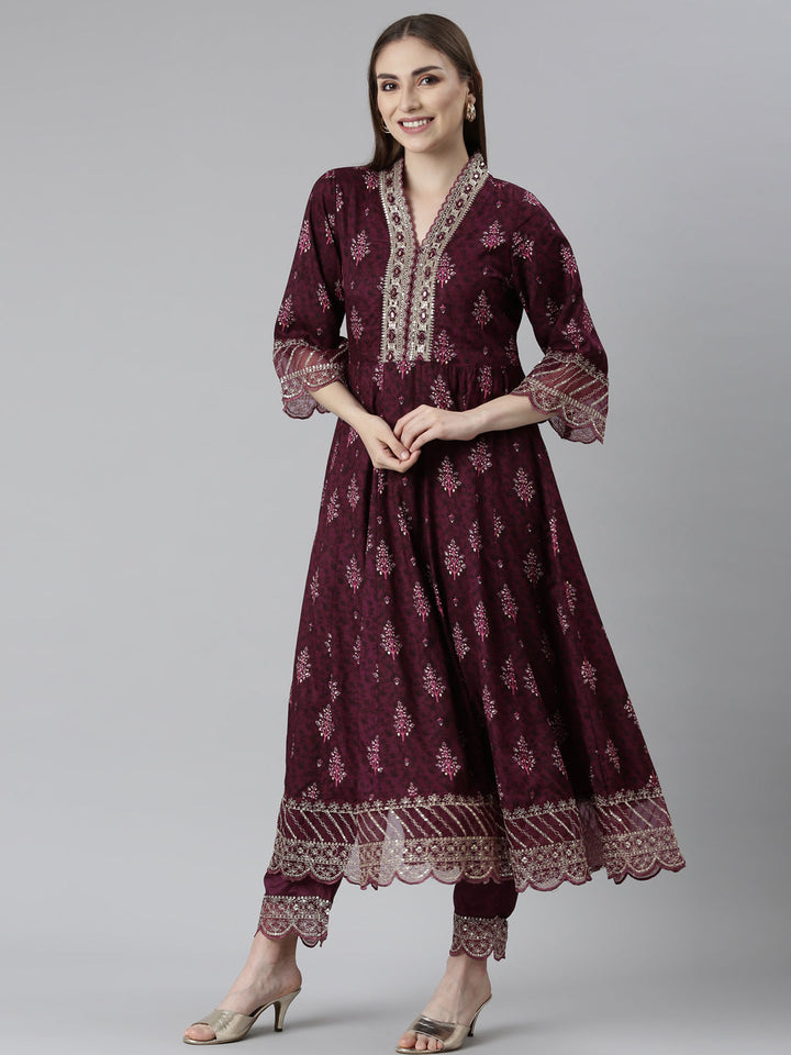 Neerus Purple printed floral kurta set with trouser and dupatta - back view