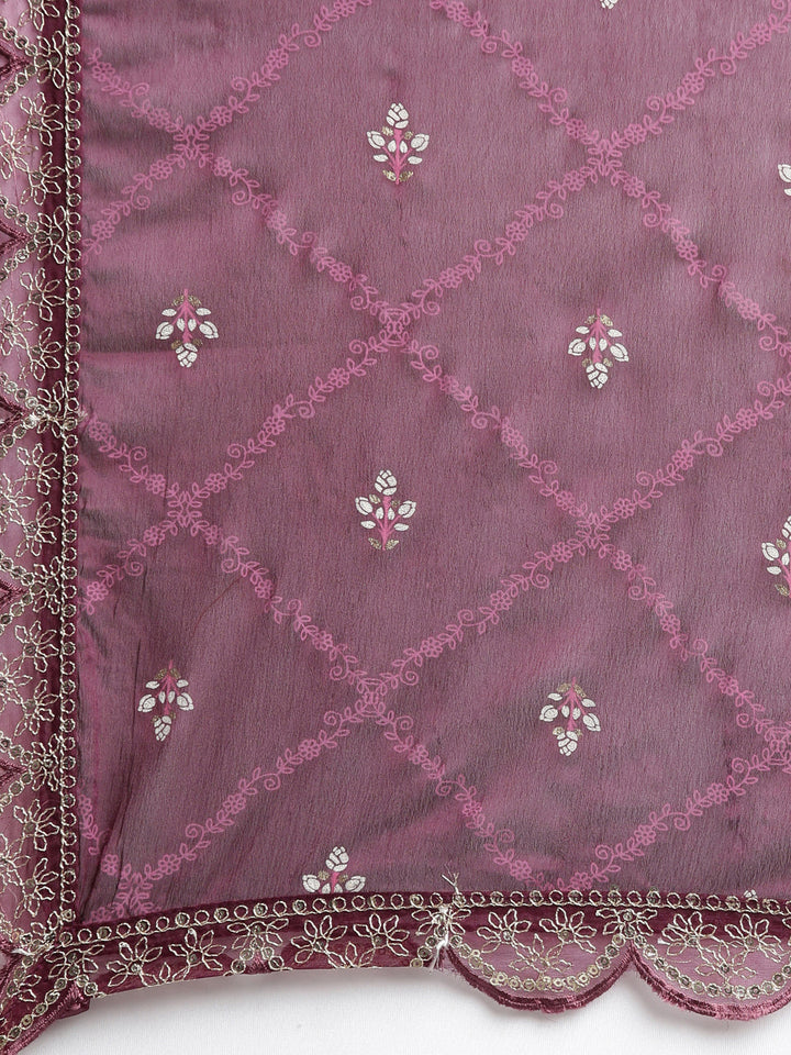 Neerus Purple printed floral kurta set with trouser and dupatta - detail view 4