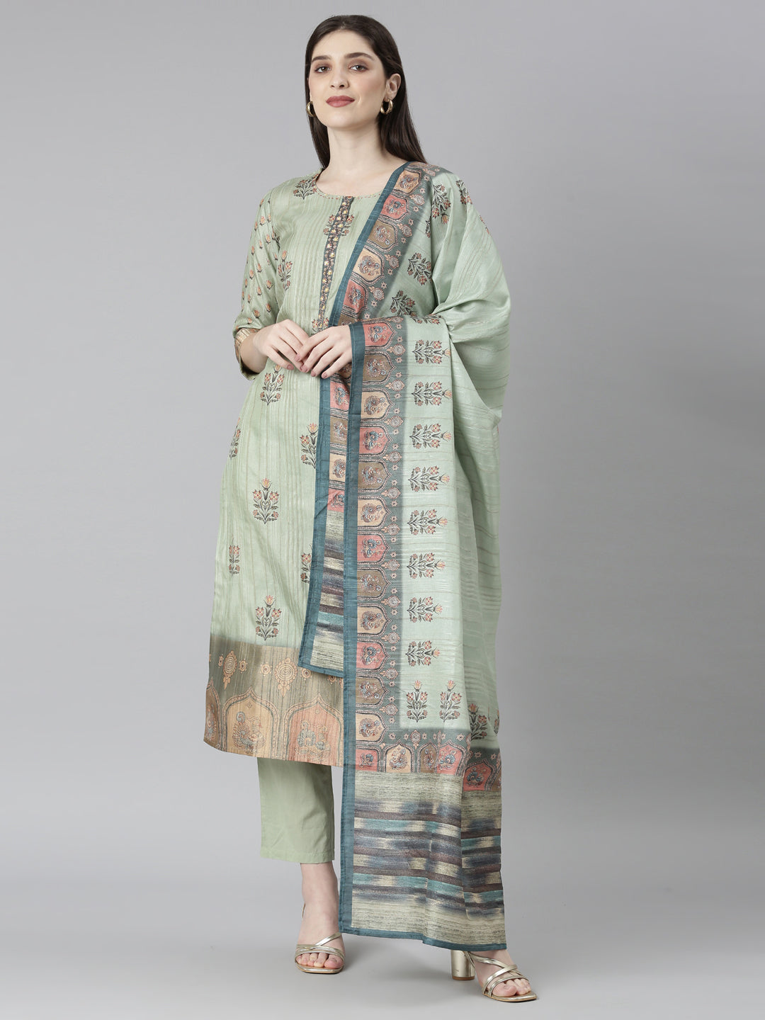 Neerus Green printed floral kurta set with trouser and dupatta - front view