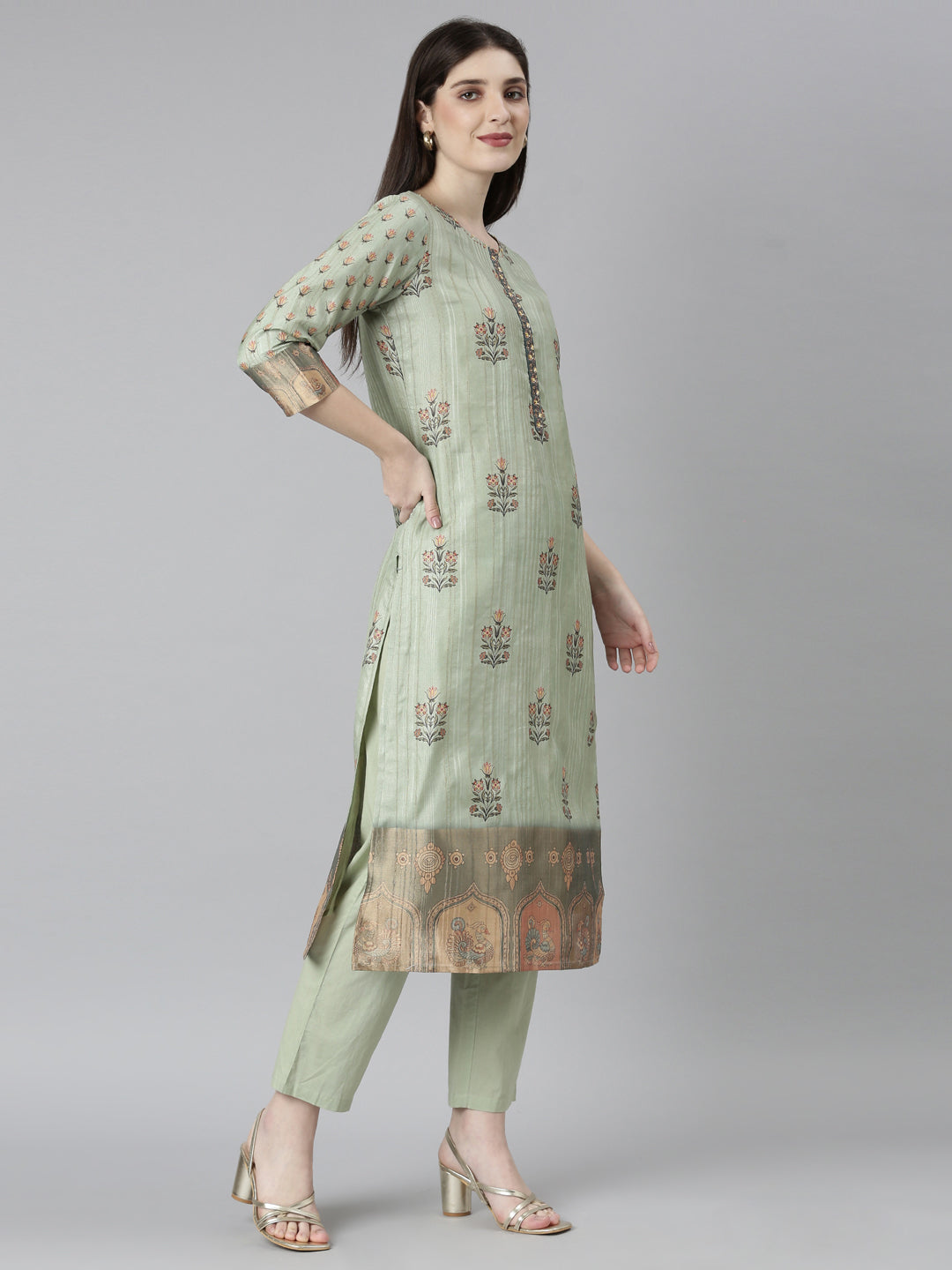 Neerus Green printed floral kurta set with trouser and dupatta - back view