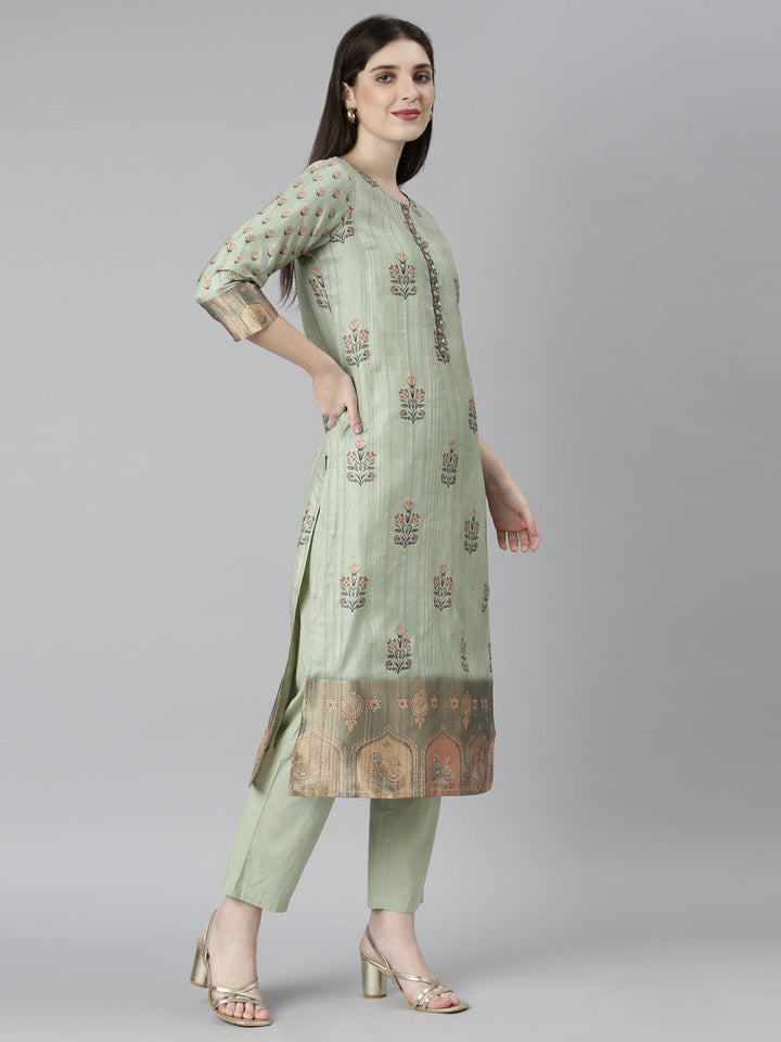 Neerus Green printed floral kurta set with trouser and dupatta - back view
