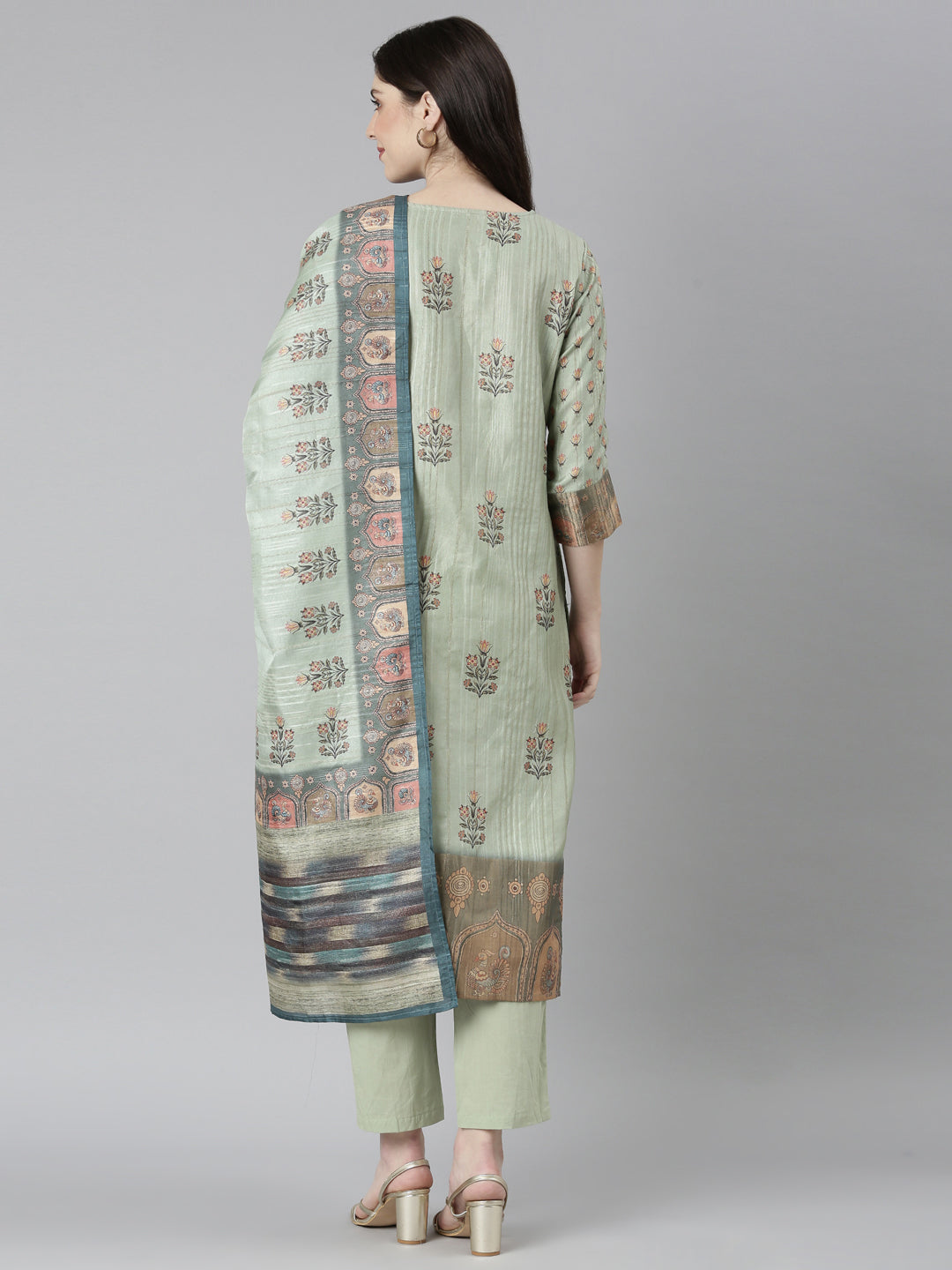Neerus Green printed floral kurta set with trouser and dupatta - side view