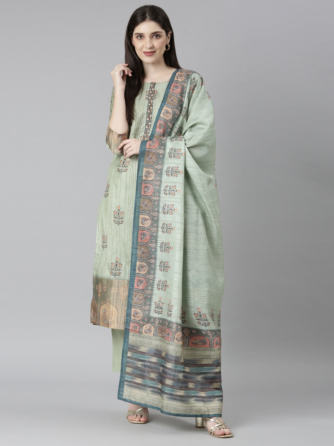Neerus Green printed floral kurta set with trouser and dupatta - detail view 2