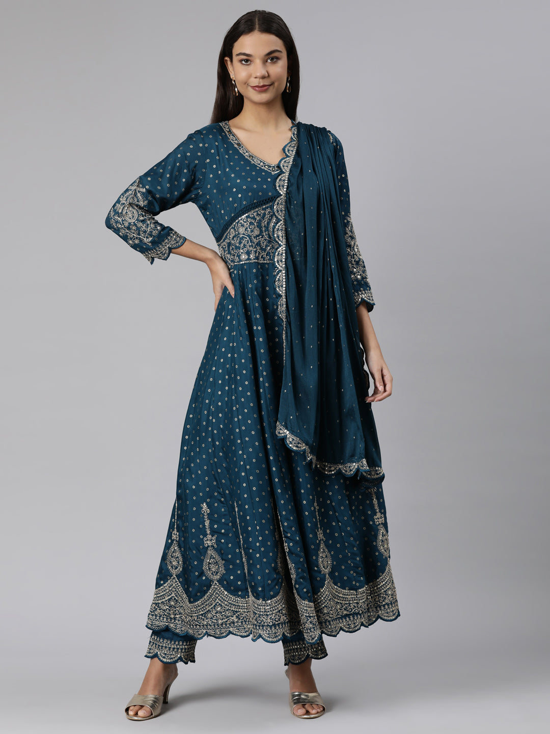 Neerus Blue cotton printed straight suit set - front view