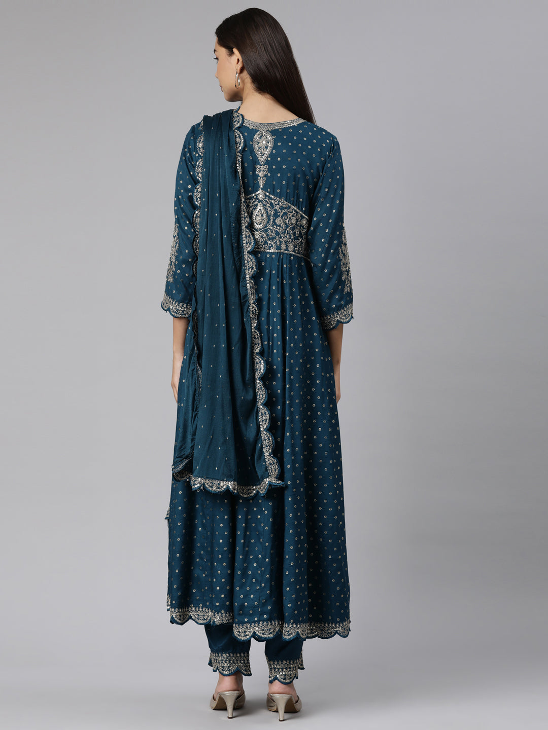 Neerus Blue cotton printed straight suit set - side view