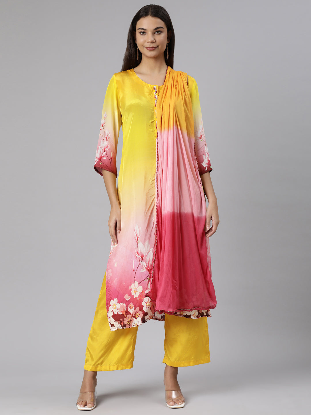 Neerus Yellow printed floral suit set straight kurta with trouser and dupatta - front view