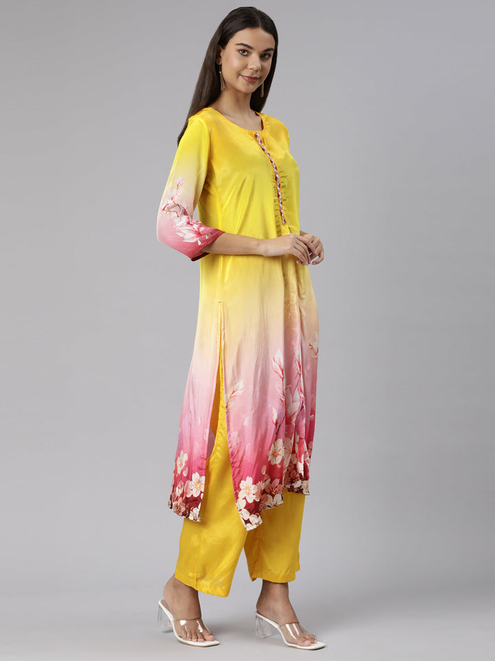 Neerus Yellow printed floral suit set straight kurta with trouser and dupatta - back view