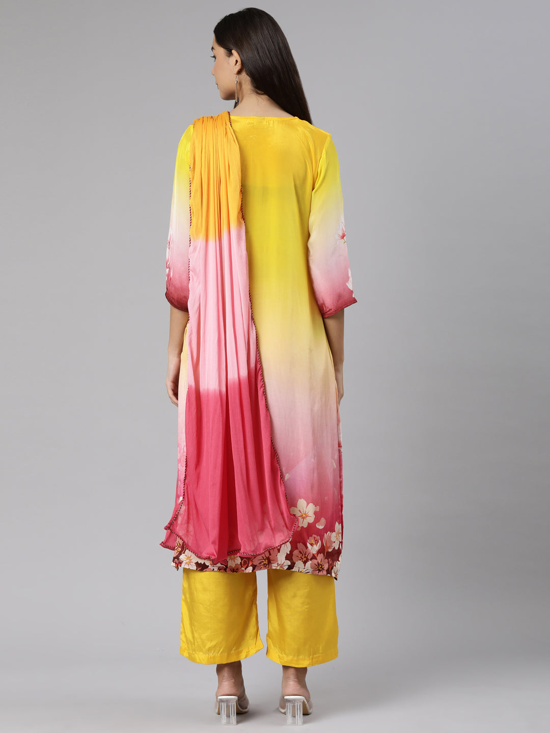 Neerus Yellow printed floral suit set straight kurta with trouser and dupatta - side view