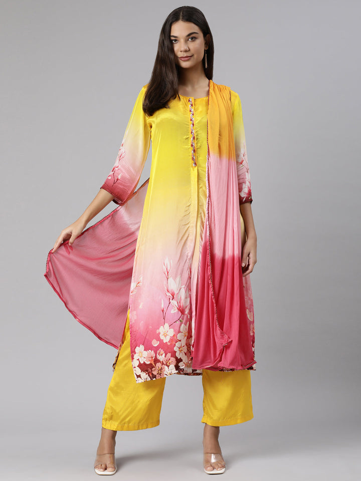 Neerus Yellow printed floral suit set straight kurta with trouser and dupatta - detail view 2