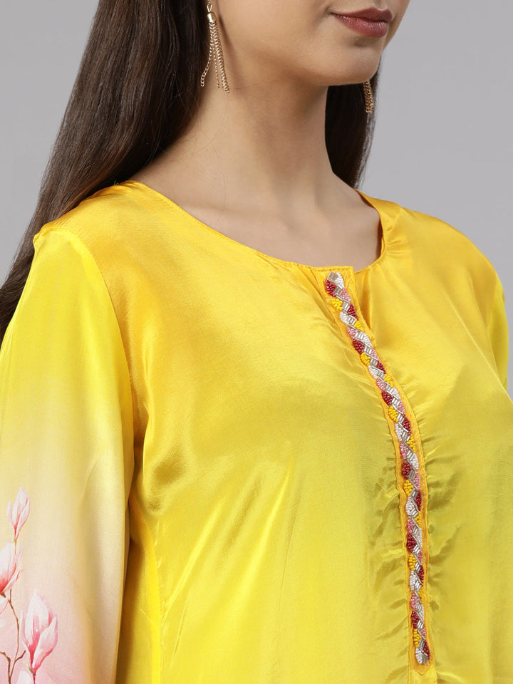 Neerus Yellow printed floral suit set straight kurta with trouser and dupatta - detail view 1