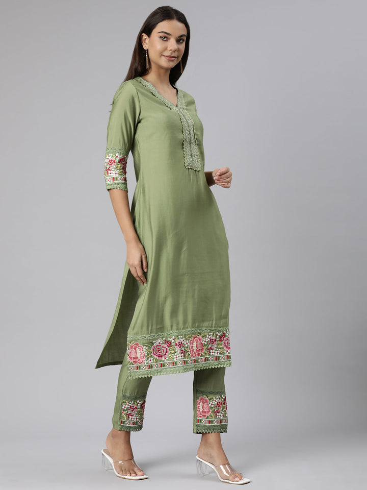Neerus Green printed floral suit set straight kurta with trouser and dupatta - back view