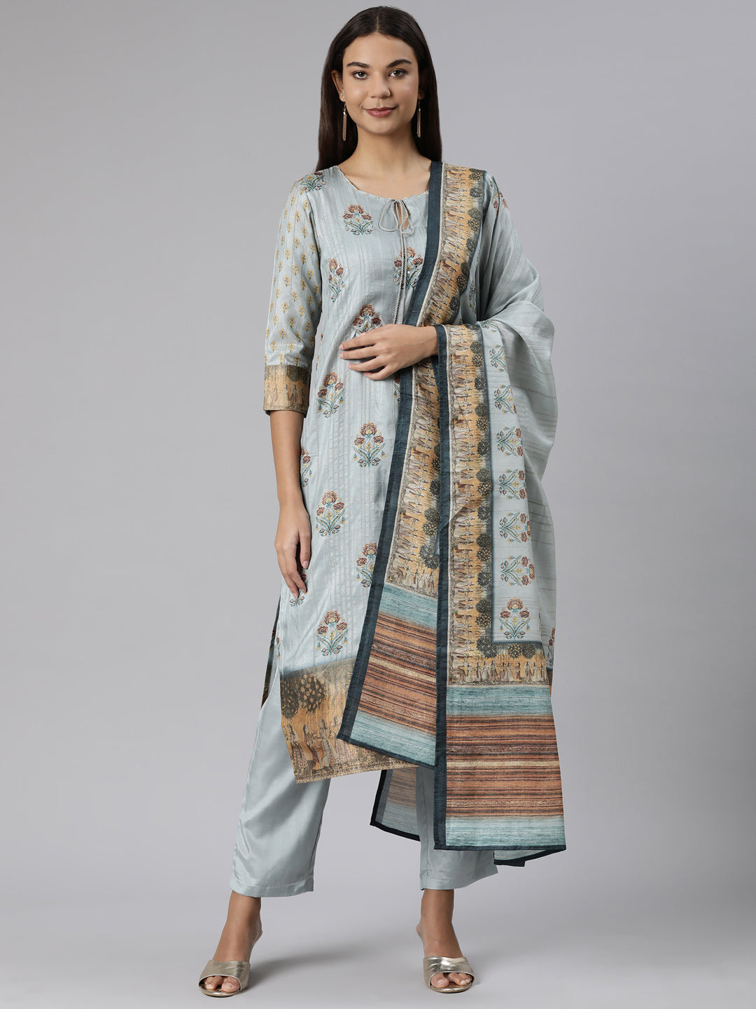 Neerus Blue printed floral straight suit set - front view