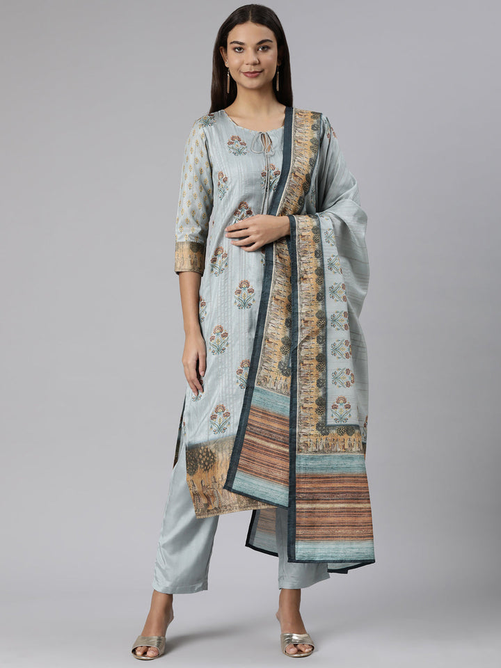 Neerus Blue printed floral straight suit set - front view