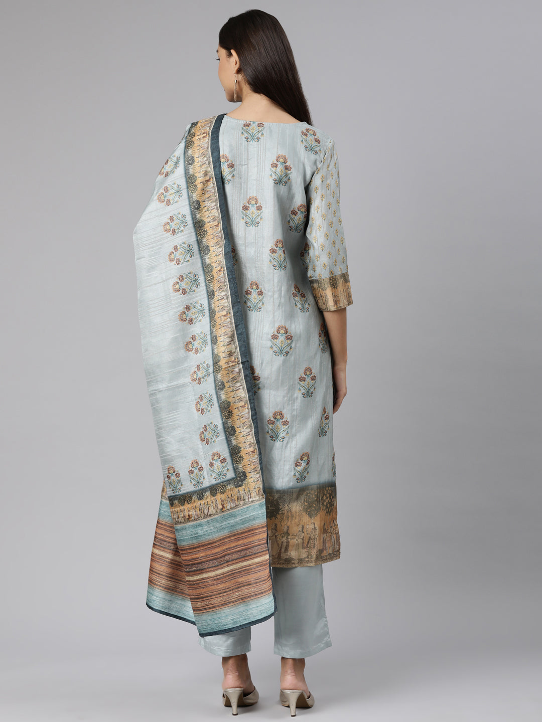 Neerus Blue printed floral straight suit set - side view
