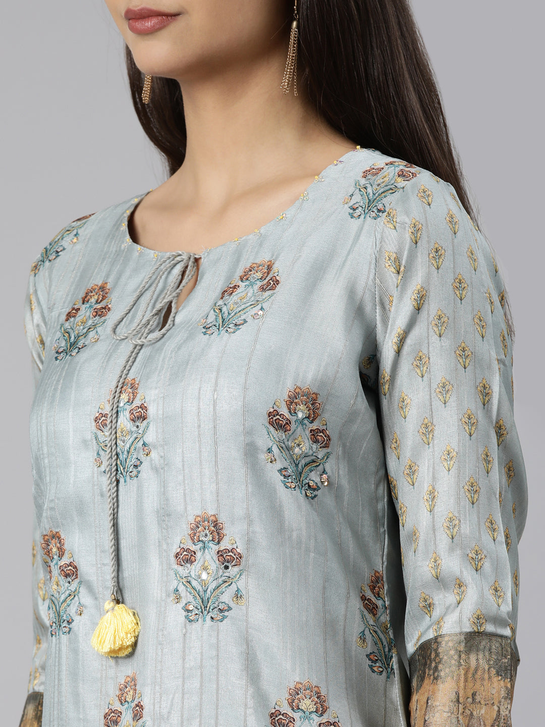 Neerus Blue printed floral straight suit set - detail view 1