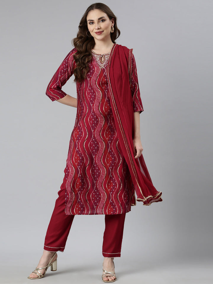 Neerus Maroon Bandhani printed suit set - detail view 1