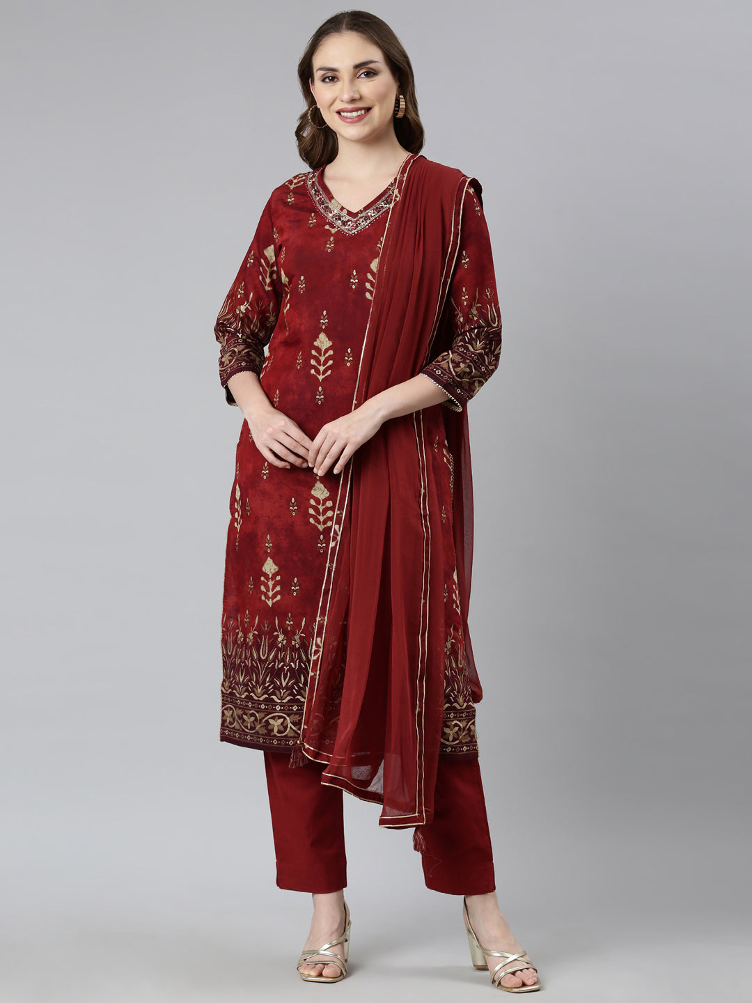 Neerus Maroon floral printed straight suit set - front view