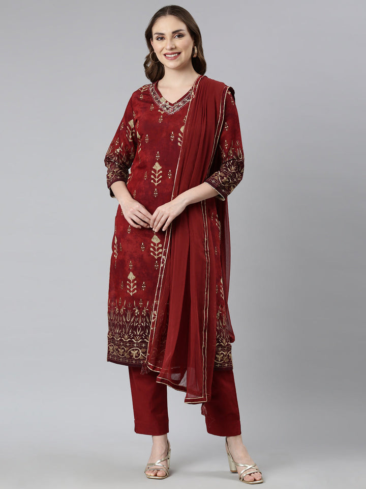 Neerus Maroon floral printed straight suit set - front view