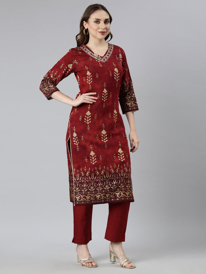 Neerus Maroon floral printed straight suit set - back view