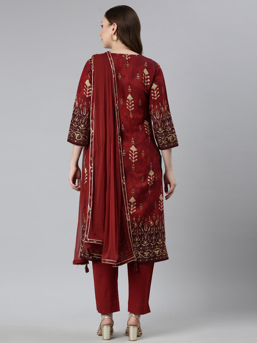 Neerus Maroon floral printed straight suit set - side view