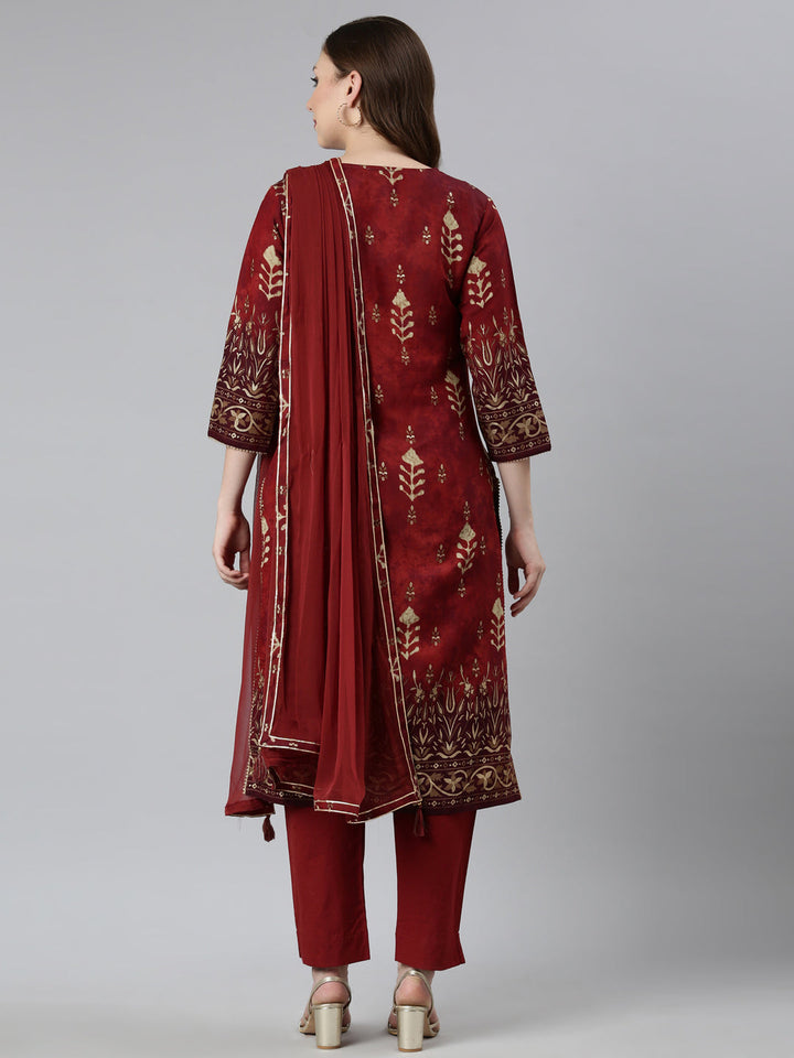 Neerus Maroon floral printed straight suit set - side view