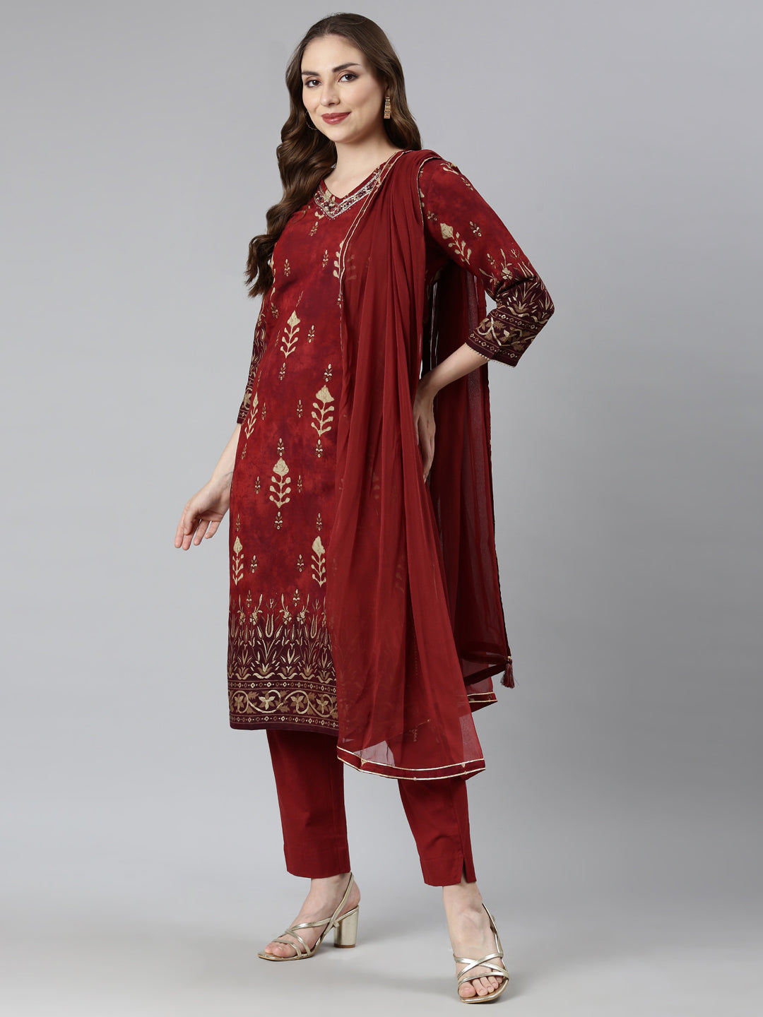 Neerus Maroon floral printed straight suit set - detail view 1