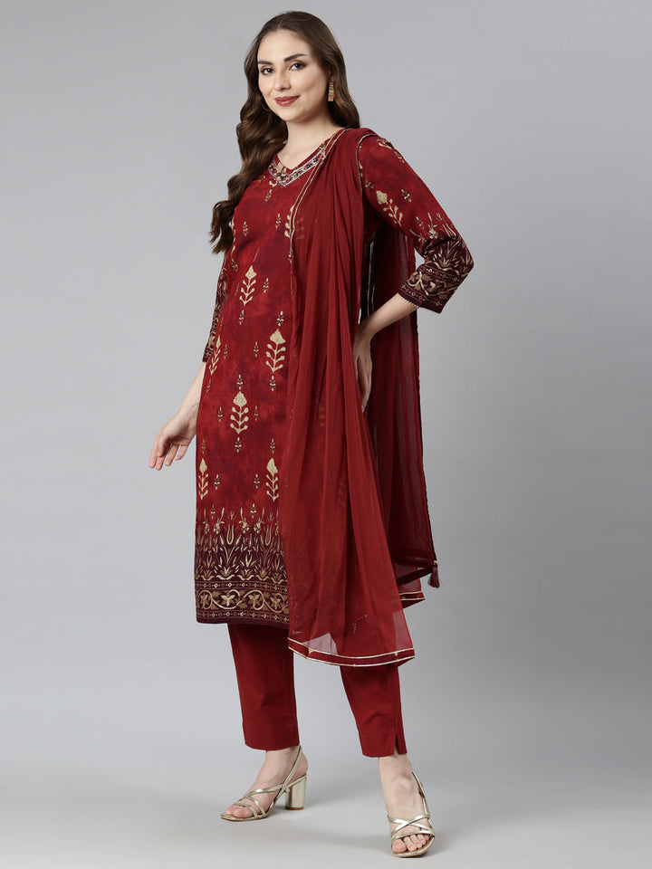 Neerus Maroon floral printed straight suit set - detail view 1