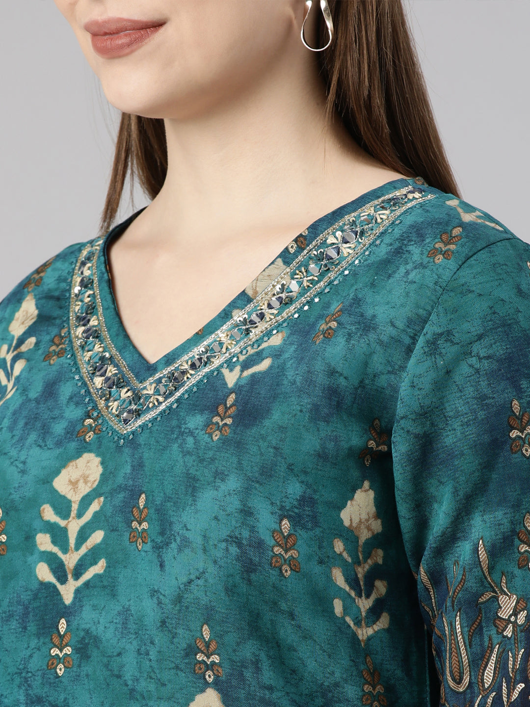 Neerus Green printed floral suit set straight kurta with trouser and dupatta - detail view 4