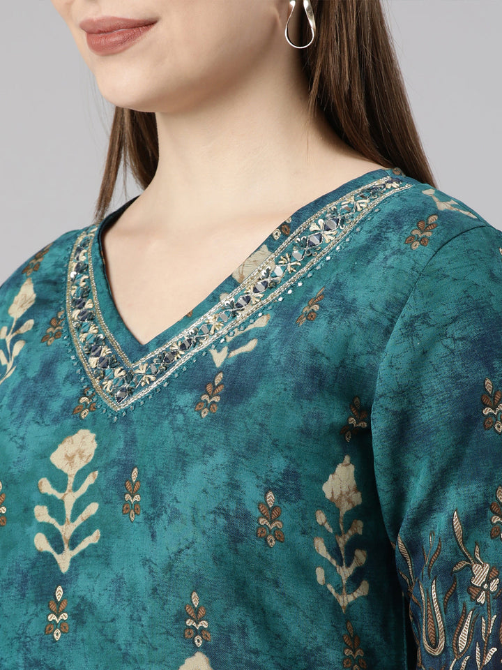 Neerus Green printed floral suit set straight kurta with trouser and dupatta - detail view 4