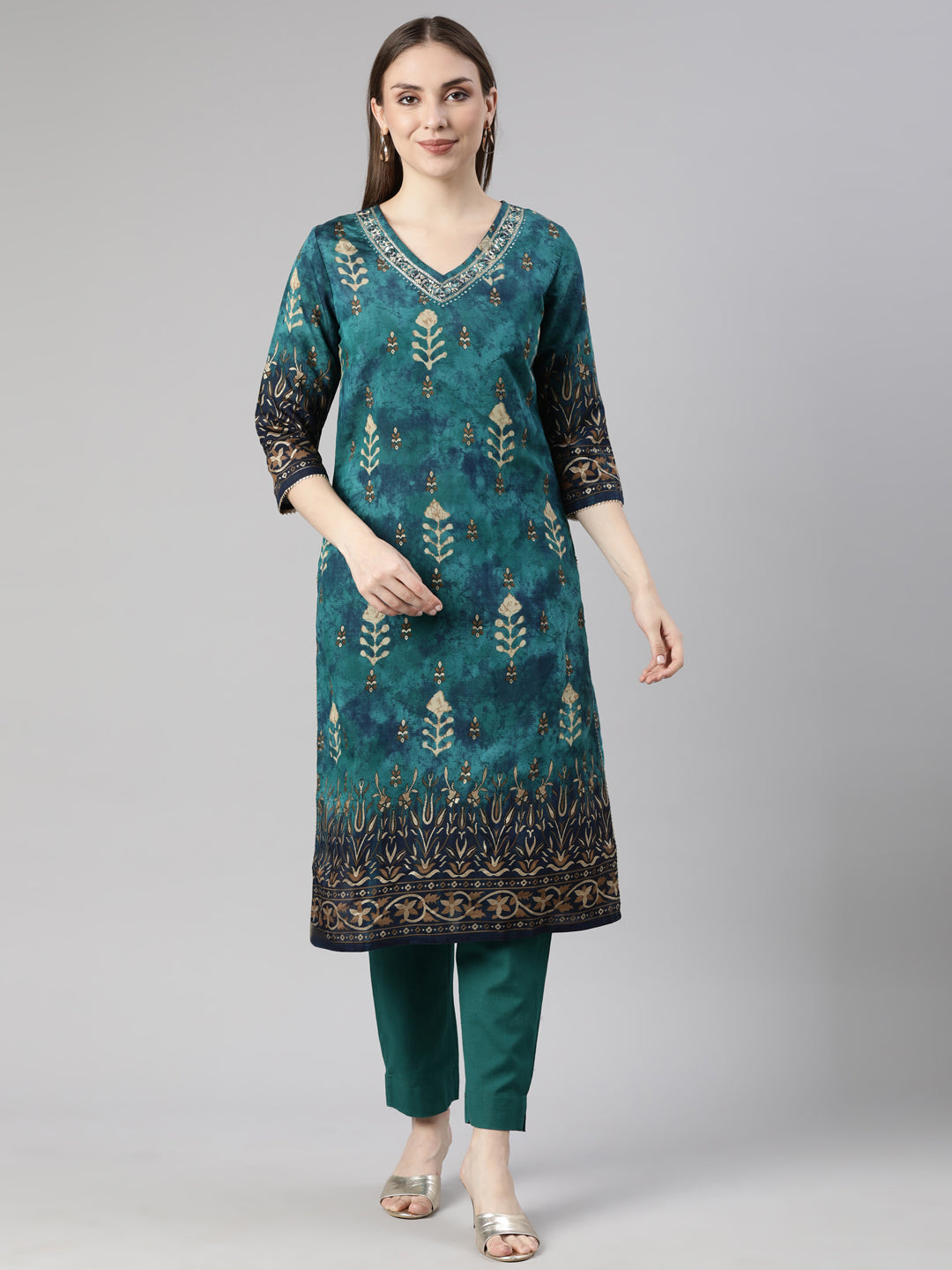 Neerus Green printed floral suit set straight kurta with trouser and dupatta - front view