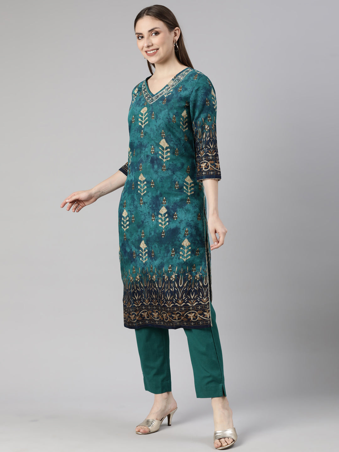Neerus Green printed floral suit set straight kurta with trouser and dupatta - back view