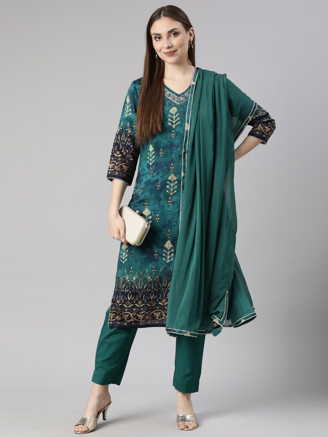 Neerus Green printed floral suit set straight kurta with trouser and dupatta - detail view 1