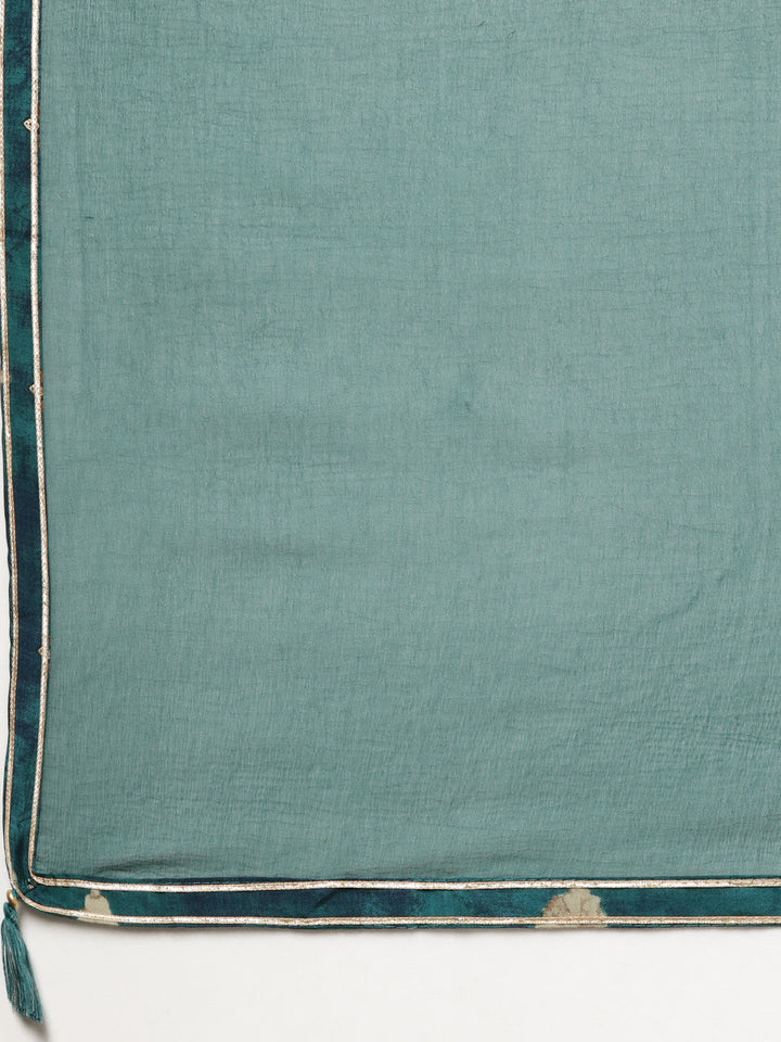 Neerus Green printed floral suit set straight kurta with trouser and dupatta - detail view 3