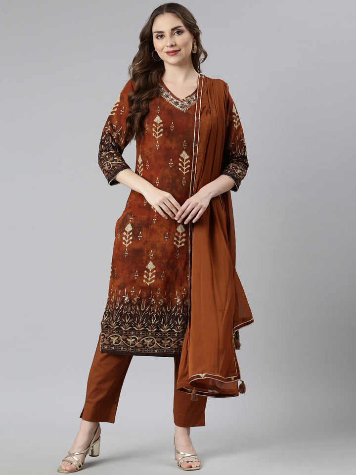 Neerus Orange printed floral suit set straight kurta with trouser and dupatta - detail view 1