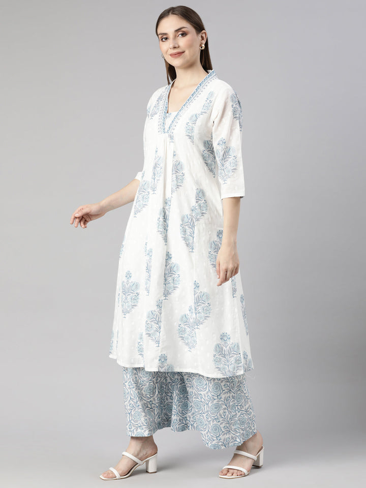 Neerus Blue Regular Straight Floral Kurta And  Palazzos With Dupatta
