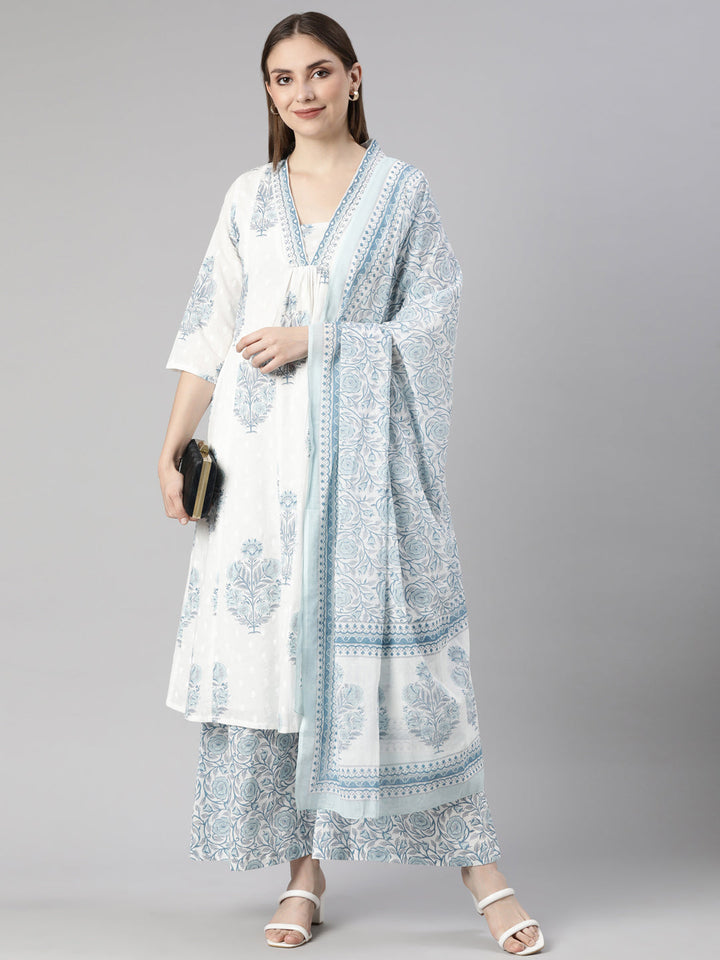 Neerus Blue Regular Straight Floral Kurta And  Palazzos With Dupatta