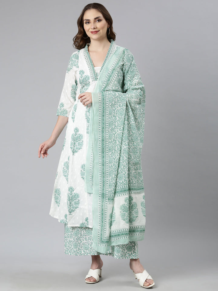 Neerus Green Regular Straight Floral Kurta And  Palazzos With Dupatta