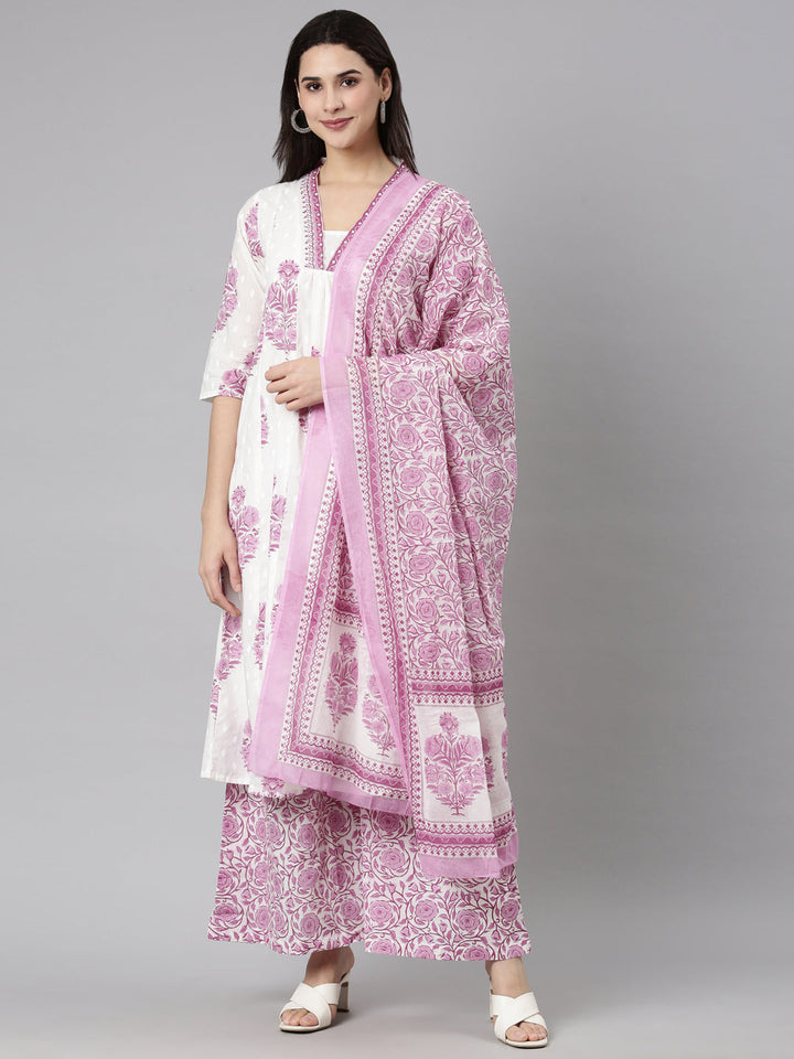Neerus Purple floral printed straight suit set - front view