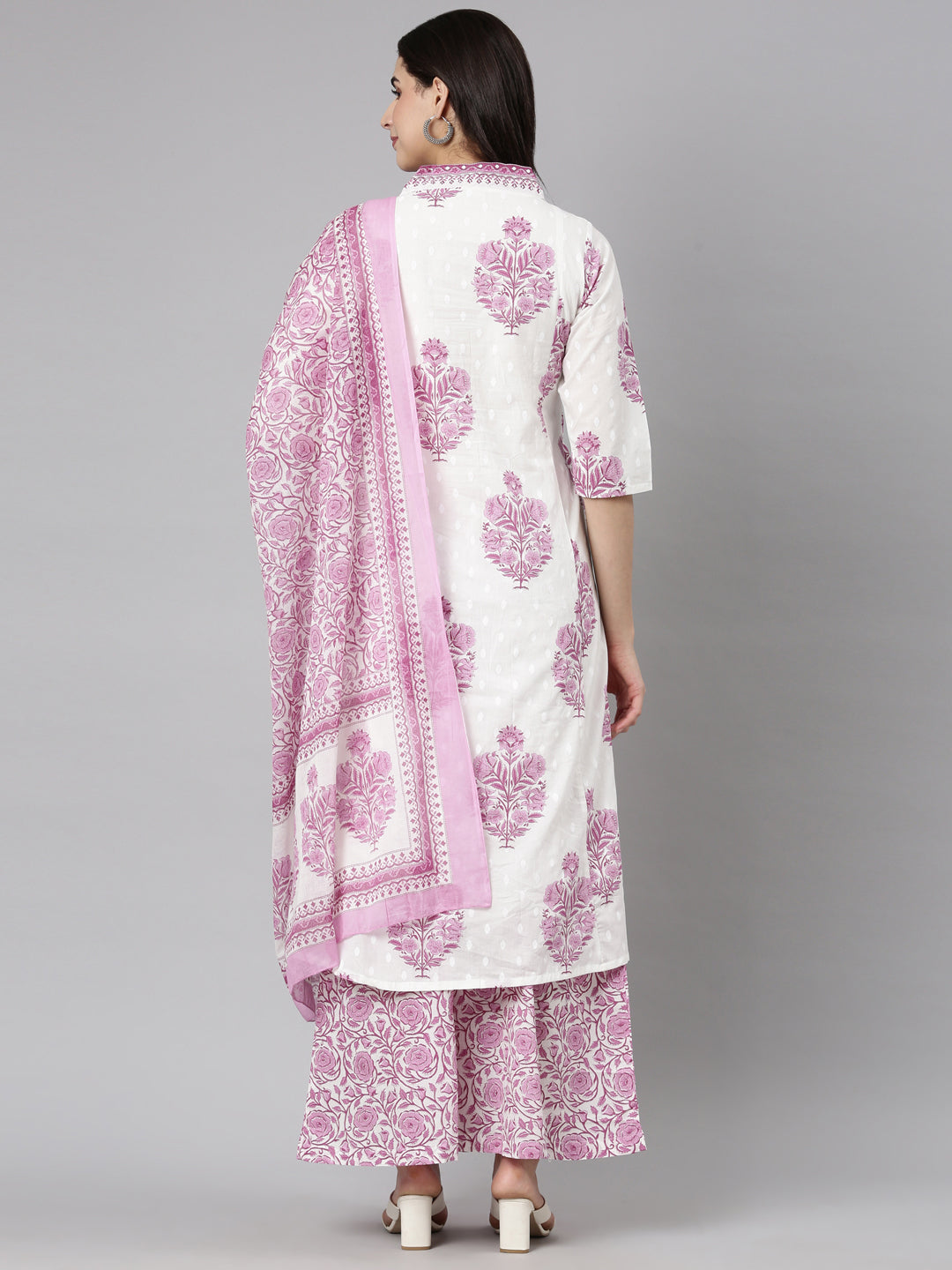 Neerus Purple floral printed straight suit set - side view