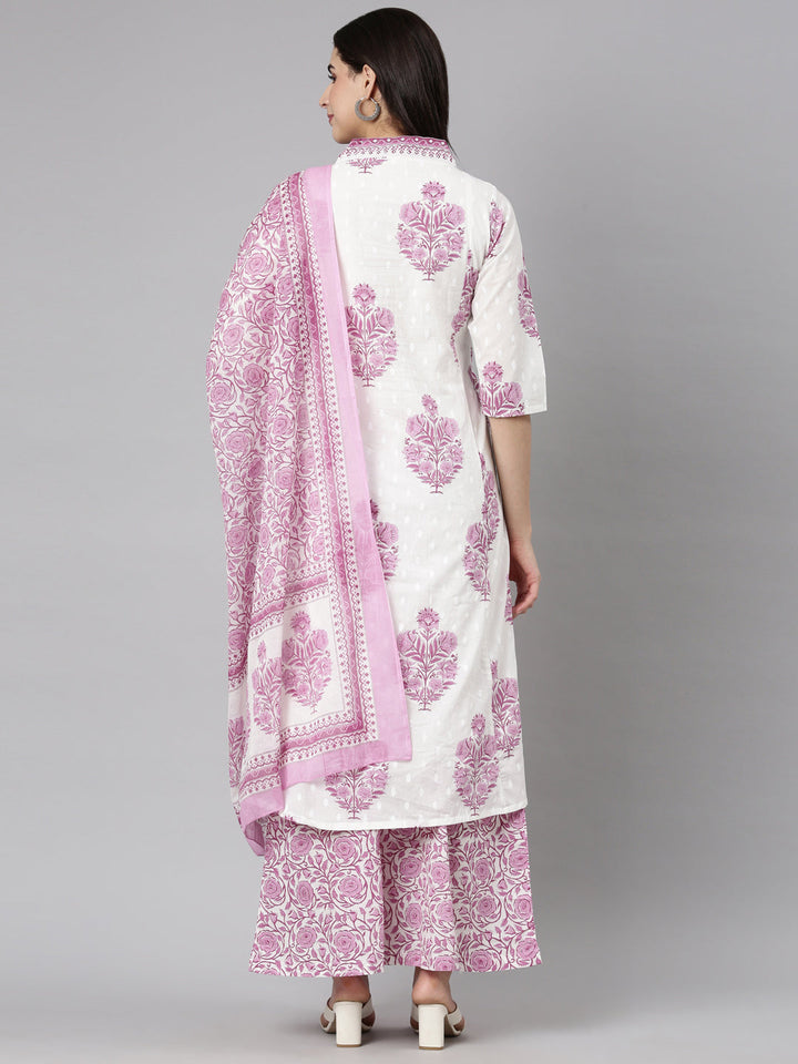 Neerus Purple floral printed straight suit set - side view