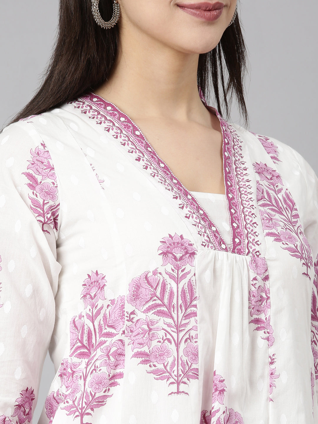 Neerus Purple floral printed straight suit set - detail view 1