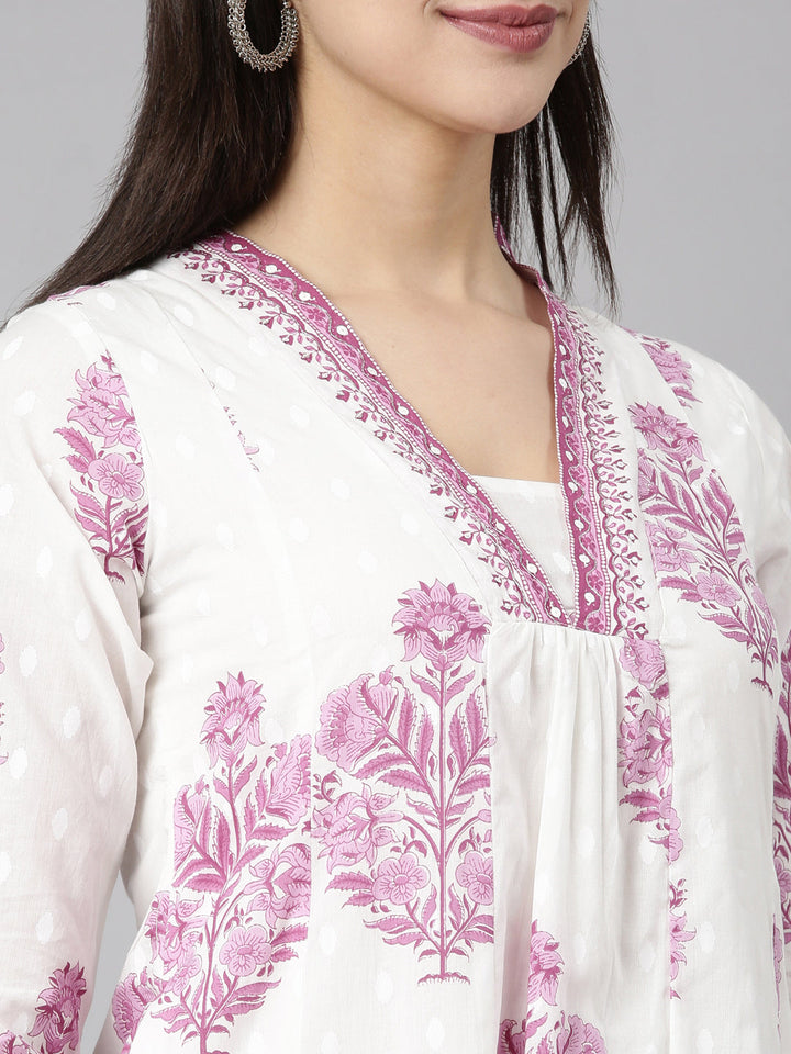 Neerus Purple floral printed straight suit set - detail view 1